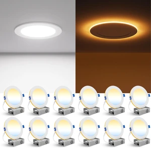 CHARKEE 12 Pack 6 Inch 5CCT LED Recessed Ceiling Lighting with Night Light | Canless Ultra-Thin Dimmable Wafer Downlight with Junction Box,13W=110W,2700K-5000K, 1000LM, ETL & Energy Star & FCC,White
