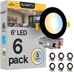 6 inch LED Black Recessed Lighting, 5CCT 2700K-5000K, Dimmable, 6 PK | 1050 LM, Dimmable, 45 Year Life, Wet & IC Rated, Airtight, 27K/30K/35K/40K/50K, 15W, 120V, Outdoor 6" Black Wafer Lights, ETL