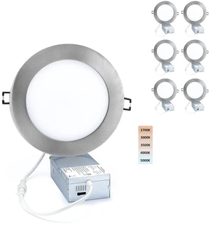 POPANU Premium LED Canless Recessed Downlight Ultra-Thin 6 Inch 5 CCT Adjustable Ceilling Light with Junction Box, 12W Color Temperature Selectable Lighting Fixture, Dimmable, 6 Pack, Brushed Nickel POPANU Premium LED Canless Recessed Downlight Ultra-Thin 6 Inch 5 CCT Adjustable Ceilling Light with Junction Box, 12W Color Temperature Selectable Lighting Fixture, Dimmable, 6 Pack, Brushed Nickel
