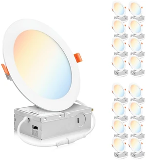 16 Pack 6 Inch LED Recessed Lighting Canless Wafer Downlight, White | ETL, 5CCT, 120V, With Junction Box, 12W 1000LM, 5%-100% Dimmable, 5 Color Selectable 2700K-5000K, Ultra-Thin Can Lighting IC 16 Pack 6 Inch LED Recessed Lighting Canless Wafer Downlight, White | ETL, 5CCT, 120V, With Junction Box, 12W 1000LM, 5%-100% Dimmable, 5 Color Selectable 2700K-5000K, Ultra-Thin Can Lighting IC