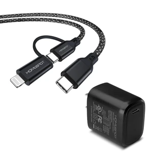 HomeSpot 2-in-1 USB-C to USB-C Cable 2M (6.6ft) with Lightning Adapter & 20W UL-Listed USB-C PD Wall Charger, MFi Certified, Fast Charging for iPhone, iPad & Galaxy Phones HomeSpot 2-in-1 USB-C to USB-C Cable 2M (6.6ft) with Lightning Adapter & 20W UL-Listed USB-C PD Wall Charger, MFi Certified, Fast Charging for iPhone, iPad & Galaxy Phones