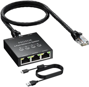 PROZOR Gigabit Ethernet Splitter 1 to 4, USB Powered RJ45 Network Switch | Connect Four Wired Devices, Up to 1000 Mbps, 5 V USB C Power, Metal Housing, 1 m USB Power Cable and 0.5 m Ethernet Cable PROZOR Gigabit Ethernet Splitter 1 to 4, USB Powered RJ45 Network Switch | Connect Four Wired Devices, Up to 1000 Mbps, 5 V USB C Power, Metal Housing, 1 m USB Power Cable and 0.5 m Ethernet Cable