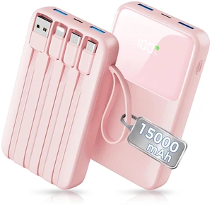 15000mAh Portable Charger Power Bank, Smaller Built-in 4 Cables Baby Pink | 22.5W 50% More Capacity, 45% Smaller, Slim Travel Essential Battery Pack, 30-Min Fast Charge to 50% for iPhone/Samsung 15000mAh Portable Charger Power Bank, Smaller Built-in 4 Cables Baby Pink | 22.5W 50% More Capacity, 45% Smaller, Slim Travel Essential Battery Pack, 30-Min Fast Charge to 50% for iPhone/Samsung