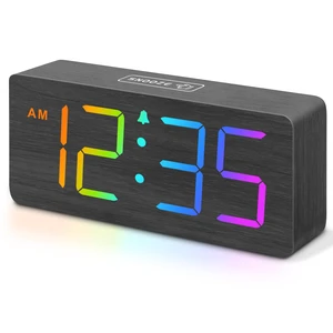 DreamSky Wooden Digital Alarm Clock for Bedroom, Living Room Desk | RGB Loud Alarm Clock for Heavy Sleepers with Volume Control, Large Numbers with Dimmer, Office Wood Decor (Plug in Clock)