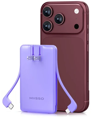 miisso Ultra Slim 5000mAh Power Bank, Built-in Cables & AC Plug,Purple | Pocket Size Portable Charger,Mini Phone Charger,Travel Essential,USB C External Battery Pack Compatible with iPhone,Samsung