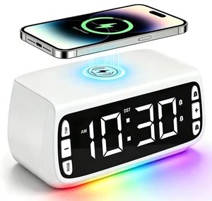 Fomobest White Digital Alarm Clock with Wireless Charging, USB Port, Dimmable RGB LED Display, Adjustable Night Light, DST, Alarm Clocks for Bedrooms, Bedside, Desk, Nightstand, Bedside, Table, Office