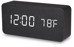 DreamClover Battery Powered Digital Clock for Bedroom and Living Room Decor, Nightstand Clock with Voice Control Function Dual Display Time(12/24h) and Temperature(°C/°F), Office Wood Décor (Black)