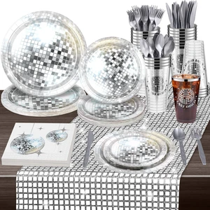 durony 169 Pieces 70s 80s Disco Party Supplies, Severs 24 Silver Disco Ball Dinnerware Include Plates Cups Cocktail Napkins Plastic Cutlery Table Runner for Bachelorette Birthday Party durony 169 Pieces 70s 80s Disco Party Supplies, Severs 24 Silver Disco Ball Dinnerware Include Plates Cups Cocktail Napkins Plastic Cutlery Table Runner for Bachelorette Birthday Party
