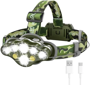 MIOISY 8 Led Headlamp Rechargeable, Super Bright Headlight Flashlight Green | 8 Modes Head Lamp with White Red Light,IPX4 Waterproof Head Lights for Forehead for Outdoor Hiking Running Fishing Camping