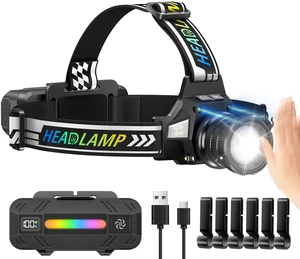 TDT Rechargeable LED Headlamp, Super Bright Head Lamp, White Green UV Light | 24 Modes,Motion Sensor,Zoomable, 60° Adjustable, Rear Safety Light,IPX7 Waterproof Head Light for Camping Hunting Hard Hat