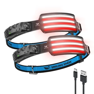 Smiling Shark TD-0123F Headlamp Red&White Light LED Headlight Super Bright | Rechargeable Head Lamp Motion Sensor with Red Light Mode Floodlight & Spotlight Lightweight for Fishing Camping (2 PACK)