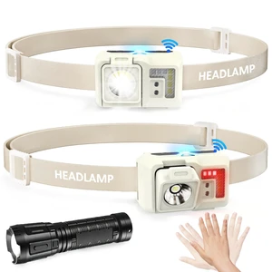 2 Pack Rechargeable LED Headlamp with Motion Sensor, 5 Light Modes Headlamp with Red Light, Adjustable Lightweight Head Lamp for Camping Running Hiking Fishing Hunting Outdoor (Beige), Flashlight