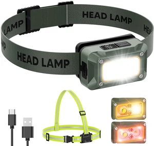 LED Headlamp Rechargeable with White, Red, Yellow Light & Reflective Vest | Motion Sensor, 5 Modes, Waterproof Running Lights, Lightweight Head Lamp For Running Camping Fishing Hiking