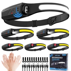 6Pack Headlamp Rechargeable, 230° LED Head Lamp, Head Lights for Forehead | 7Modes Motion Sensor Headlights 8h, 350lm Bright Headband Light with Red Light, Waterproof Hard Hat Light for Adult Camping