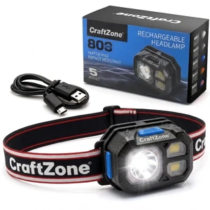 CRAFTZONE Ultra Lightweight LED Headlamp, 800LM Super Bright, 5 Lighting Modes, USB-C Rechargeable, IP54 Water Resistant, Adjustable Headband for Camping, Hiking, Running, Emergency