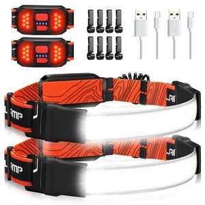 Hopedone 2-Pack Rechargeable Headlamp, 1000LM Hard Hat Work Light | 230° Wide Beam with Red Rear Light, 1200mAh battery, 4-10 hour runtime, 8 Helmet Clips for repairs, running & cycling