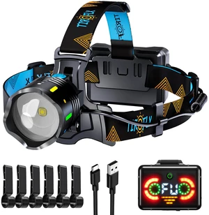 13 Modes 210000 Lux Bright Headlamp SOS Warning Taillight Function | Energy Saving Adjustable Focus Motion Sensor 30Dys Standby, IP65 Waterproof 125° Angle Head Lamp for Camping Outdoor Hardhat