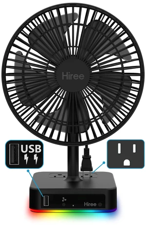 Hiree Desk Fan with USB Charging Port, 6.7 Inch 2 Speeds Small Desktop Table Fan with USB Charger, AC Outlet and LED Light, Strong Wind, Quiet Operation - Suitable for Bedroom, Home, Dorm Room Hiree Desk Fan with USB Charging Port, 6.7 Inch 2 Speeds Small Desktop Table Fan with USB Charger, AC Outlet and LED Light, Strong Wind, Quiet Operation - Suitable for Bedroom, Home, Dorm Room