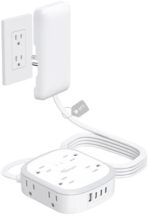 Outlet Cover Extension Cord 6FT, Flat Plug Surge Protector Power Strip | 8 AC and 4 USB Ports (3 USB C), Wall Mount, 3 Prong Flat Wall Plug with Power Switch, Home Office Dorm Essentials, White