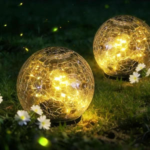 2 Pack Solar Path Lights Outdoor, Cracked Glass Globe with Light Control, IP67 Waterproof Solar Garden Lights, Warm Yellow & 4-Color LED Ball Lights for Yard, Patio, Lawn & Holiday Decor (Yellow)