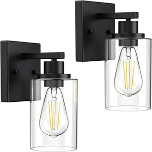 Wall Sconces Set of Two Matte Black Vanity Lights for Bathroom Indoor | Modern Wall Light Fixtures, Sconce Lights with Clear Glass, Farmhouse Lamp for Bedroom, Living Room, Mirror, Hallway E26 Base