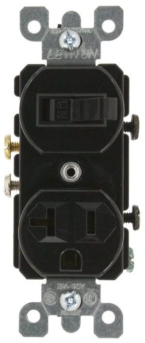 Leviton 20 Amp, 120 Volt, Duplex Style Combination Single Pole Switch/Receptacle, Grounding, 5335-E, Black Leviton 20 Amp, 120 Volt, Duplex Style Combination Single Pole Switch/Receptacle, Grounding, 5335-E, Black