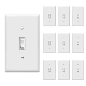 3-Way Toggle Light Switch with Wall Plate Cover, 10 Pack, White | 15 Amp, 120V/277VAC, quiet/smooth toggle action, grounding screw, narrow slim body, UL Listed, easy to install, versatile use 3-Way Toggle Light Switch with Wall Plate Cover, 10 Pack, White | 15 Amp, 120V/277VAC, quiet/smooth toggle action, grounding screw, narrow slim body, UL Listed, easy to install, versatile use