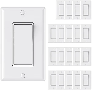 AIDA Single Pole Rocker Decorator Light Switch, 15 Amp Self-grounding Electrical Light Switches, Wall Plate Included, Residential Grade, UL Listed (20 Pack, Glossy White)