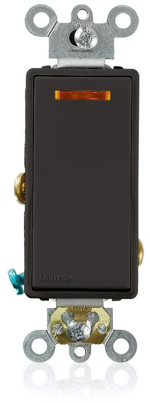 Leviton 20-Amp 120-Volt Decora Plus Rocker Lighted Handle, Illuminated Off Single-Pole AC Quiet Switch, 5631-2E, Black