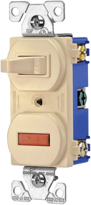 Eaton 277V 15-Amp 120-volt Combination Single Pole Toggle Switch and Pilot Light with Back and Side Wiring, Ivory Eaton 277V 15-Amp 120-volt Combination Single Pole Toggle Switch and Pilot Light with Back and Side Wiring, Ivory