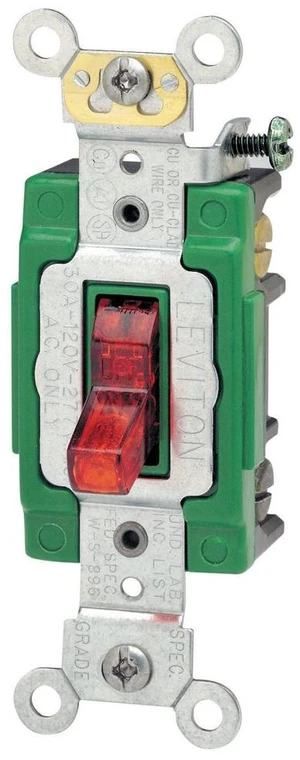 Leviton 30 Amp, 120 Volt, Toggle Pilot Light, Illuminated On, Double-Pole AC Quiet Switch, Extra Heavy Duty Grade, Self Grounding, Back and Side Wired, 3032-PLR, Red