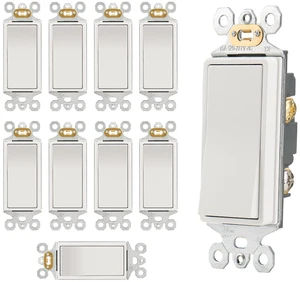 Wengart (10-Pack) Rocker Decorator Light Switch, 15A 120/277V, Single Pole On/Off Electrical Wall Switch, Self-Grounding with Auto Ground Clip, UL Listed, High-Impact Thermoplastic, White Wengart (10-Pack) Rocker Decorator Light Switch, 15A 120/277V, Single Pole On/Off Electrical Wall Switch, Self-Grounding with Auto Ground Clip, UL Listed, High-Impact Thermoplastic, White