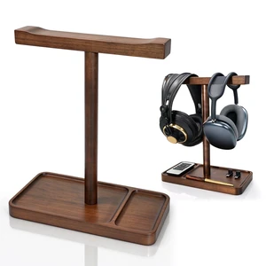 Dual Headphone Stand for Desk, Walnut Wood Headset Holder with Storage Base | Easy Install, Solid Walnut, Holds 2 Headsets, Stable Anti-Tip Base, Fits for All Headsets, Desk Holder for Gaming & Office