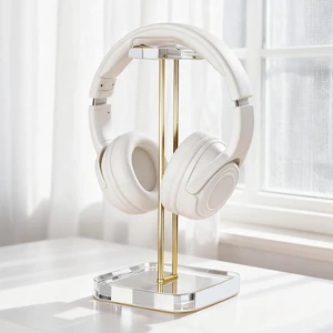 Acrylic Headphone Stand with Gold Stainless Steel Riser, Crystal Clear Headset Holder for Desk, Curved Headphone Hanger Stand for Gaming Headsets, Wireless & Over Ear Headphones, Desktop Accessories Acrylic Headphone Stand with Gold Stainless Steel Riser, Crystal Clear Headset Holder for Desk, Curved Headphone Hanger Stand for Gaming Headsets, Wireless & Over Ear Headphones, Desktop Accessories