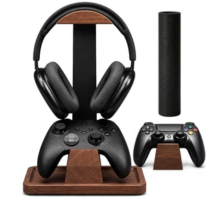 Walnut Gaming Headphone and Controller Stand with 800 x 300 mm Mouse Pad | Solid Wood Headset Holder with Storage Base and Felt Mouse Pad. Fits Most Over-ear Headphones and Common Controllers.