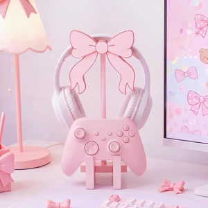 Mifoci Pink Bow Headphone Stand with Gaming Controller Holder | Cute Wooden Controller and Headset Stand Pink Computer Gaming Equipment Accessories for Office Desk Women Gamer Birthday Gift