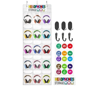 ProtectHobby Headphone Storage Classroom Headphone Organizer 15 Pockets PVC Clear Organizer Holder for School Cell Phones Calculators, With Headphone Storage Stickers & Digital Stickers ProtectHobby Headphone Storage Classroom Headphone Organizer 15 Pockets PVC Clear Organizer Holder for School Cell Phones Calculators, With Headphone Storage Stickers & Digital Stickers