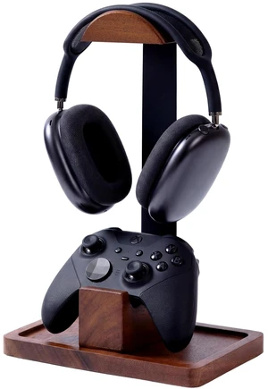 Eccentfit Headset Stand with Gaming Controller Holder, Wood Stand | Walnut Wood Headphone Stand with Storage Base, Gaming Equipment Accessories for Desk Fits Xbox PS5 PS4 PC Gaming