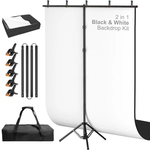 Qoolfoto 5x8ft Black and White 2in1 Revisible Photo Backdrop with Stand | White Black Backdrop Background with Portable T-Shape Stand, Carry Bag and 5 Clamps for Photography Video Meeting Streaming