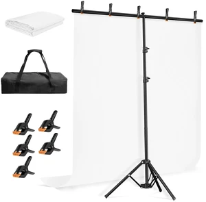 EMART 5 * 6.5ft White Photo Backdrop Stand Kit with T-Shape Stand | Portable lightweight T-shaped metal stand for easy setupsuitable for portrait photography, live streaming, content recording EMART 5 * 6.5ft White Photo Backdrop Stand Kit with T-Shape Stand | Portable lightweight T-shaped metal stand for easy setupsuitable for portrait photography, live streaming, content recording