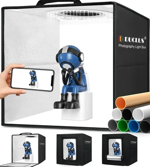 DUCLUS Light Box Photography, 12"x12" Photo Booth Box with 120 LED Lights Dimmable & CRI95, Portable Lightbox with 8 Backdrops for Mini Product Photography: Jewelry, Cards, Watches DUCLUS Light Box Photography, 12"x12" Photo Booth Box with 120 LED Lights Dimmable & CRI95, Portable Lightbox with 8 Backdrops for Mini Product Photography: Jewelry, Cards, Watches