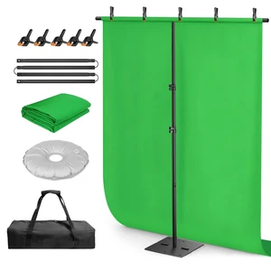 Qoolfoto Green Screen Backdrop Kit, 5x7ft T-Shaped Stand with Flat Base | Portable Greenscreen Background with Heavy Duty Base, Clamps, Water Bag for Streaming, Video Recording, Photography, Gaming