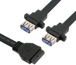 AJMRTC 50cm Ultra Flat Slim Dual Port USB 3.0 Type-A Female Panel Mount Cable, 2 USB3.0 A Female to Motherboard 20Pin 19Pin Internal Header Cord, Front Panel USB Extension Wire for PC Case Motherboard
