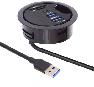 AJMRTC 2 Port USB3.0 Hub,SD TF USB-C Splitter,60mm Desk Grommet Dock Station,Micro-SD Card Reader for Desktop PC,Combined USB3.0+USB-C+SD/TF Desktop Table Hole Docking Station