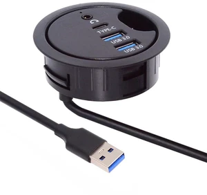 AJMRTC 60mm Desk Grommet Dock Station, 2 Port USB3.0 Hub USB Splitter with USB-C & 3.5mm Headphone Mic Audio Interface, Built-in Desk Hole Sound Card for Desktop PC Office Table AJMRTC 60mm Desk Grommet Dock Station, 2 Port USB3.0 Hub USB Splitter with USB-C & 3.5mm Headphone Mic Audio Interface, Built-in Desk Hole Sound Card for Desktop PC Office Table