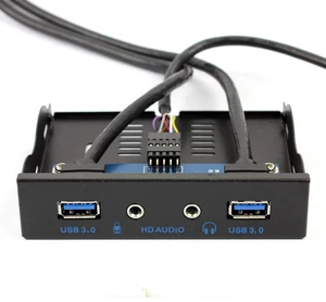 AJMRTC Black 3.5 Inch Floppy Bay Front Panel Hub, 2-Port USB3.0 5Gbps, 19Pin Header, HD Audio Earphone & Mic Connector, Internal Cable for Desktop PC Case Upgrade