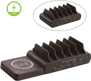 6-Port 100W 2-Port Dual USB-C PD Charging Station with 15W Qi Wireless Charger, Three 18W Fast Charging USB Ports. 6-Port 100W 2-Port Dual USB-C PD Charging Station with 15W Qi Wireless Charger, Three 18W Fast Charging USB Ports.