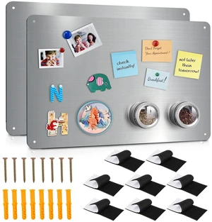 2 Pack Stainless Steel Magnetic Board, 17.1" x 11.8" Magnet Bulletin Board to Display Magnetic Letters Numbers, Notes, Poetry, Photos, Spice Jars, Suitable for Wall, Refrigerator, Cabinet 2 Pack Stainless Steel Magnetic Board, 17.1" x 11.8" Magnet Bulletin Board to Display Magnetic Letters Numbers, Notes, Poetry, Photos, Spice Jars, Suitable for Wall, Refrigerator, Cabinet