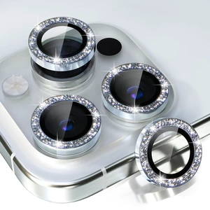 for iPhone 15 Pro/iPhone 15 Pro Max Camera Lens Protector | Ultra HD, Bling 9H Tempered Glass Camera Cover Screen Protector Metal Ring Decoration Accessories (Glitter-Silver)