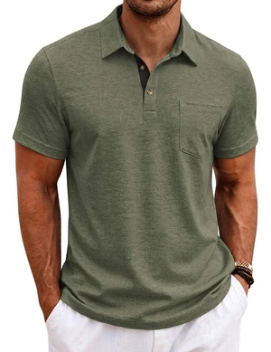 Mens Heather Polo Shirt Casual Short Sleeve Collared Shirt Pocket Business Shirt Green Mens Heather Polo Shirt Casual Short Sleeve Collared Shirt Pocket Business Shirt Green